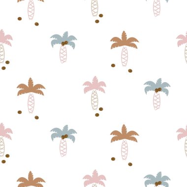 Sevimli hindistan cevizi palmiyeleri çocuk kıyafetleri ve yatak örtüleri için kusursuz desenli..