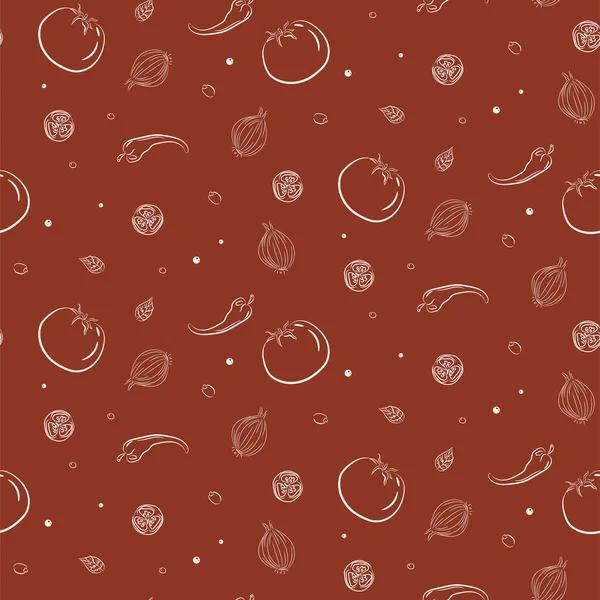 Tomates con hierbas y especias de albahaca, sopa de pimienta. Patrón rojo sin costura de alimentos — Archivo Imágenes Vectoriales