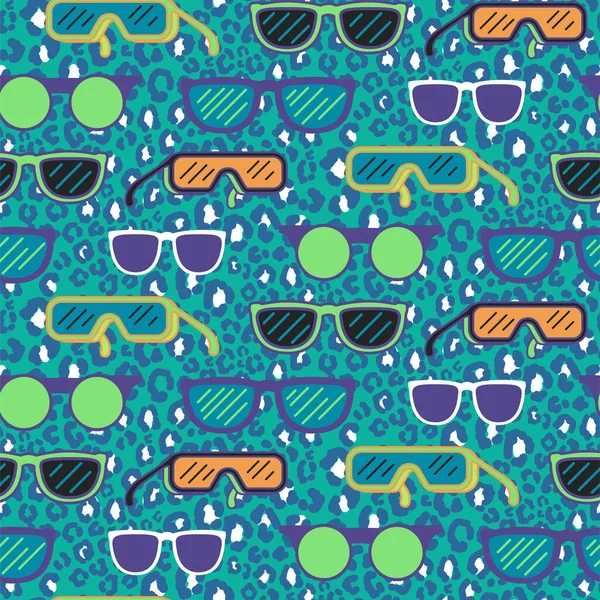 Retro style sunglasses pop art aqua blue and green seamless pattern. — Stock Vector