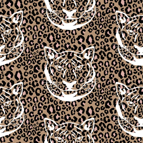 Patrón sin costuras con estampado animal de guepardo y silueta de tigre. Leopardo gato salvaje manchas marrones impresión de piel — Vector de stock