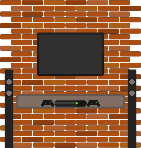 Ladrillo de pared con tv y consola de juegos colgando de él — Archivo Imágenes Vectoriales