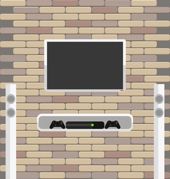 Wall brick with tv and game console hanging on it — Stock Vector