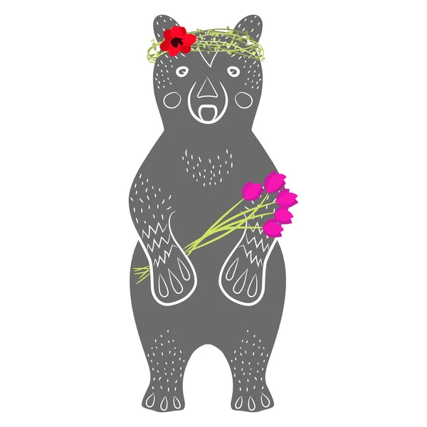 Kreskówka niedźwiedź stojący szary zwierząt z kwiatami — Wektor stockowy