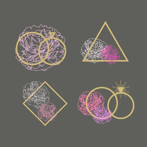 Ensemble vectoriel de logo d'agence de mariage. Bagues de fiançailles et pivoines éléments — Image vectorielle