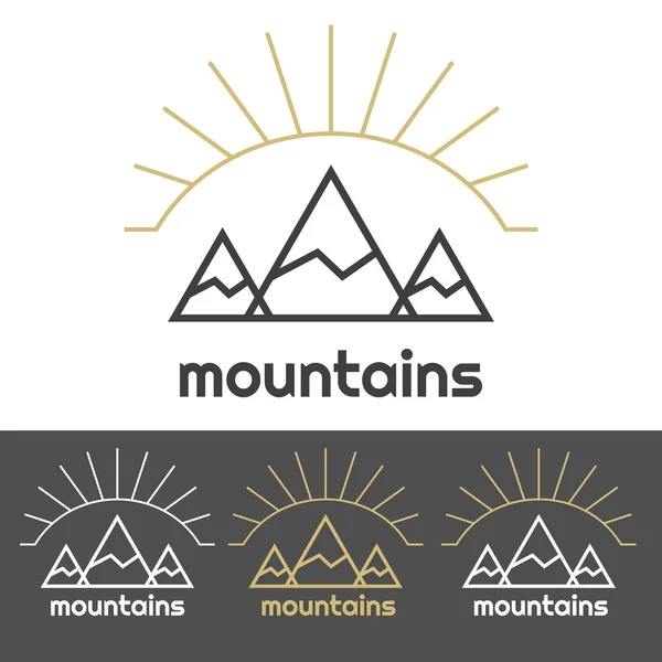 Logotipo del campamento de las montañas con salida del sol detrás de las colinas. Conjunto de iconos de oro y blanco . — Vector de stock