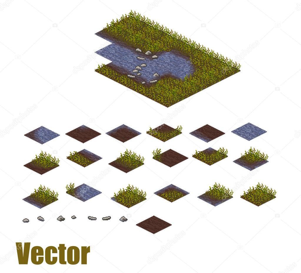 Pixel art river tilesets. Water, grass and land tiles. Vector game assets