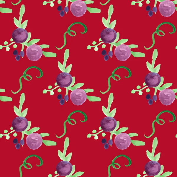 Акварель квітково фіолетовий ягідний намальований вектор безшовний візерунок на червоному — стоковий вектор