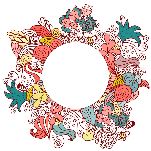 Desenhado à mão floral vetor doodle projeto cartão de cor redonda —  Vetores de Stock