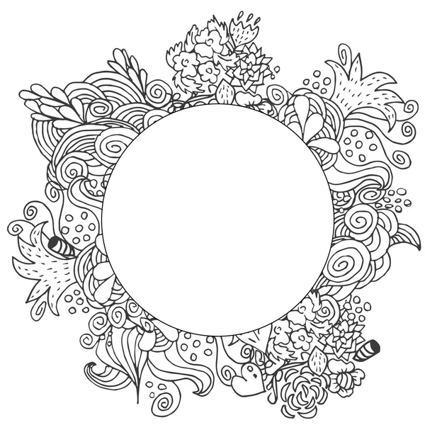Desenhado à mão floral vetor doodle redondo design de cartão monocromático —  Vetores de Stock