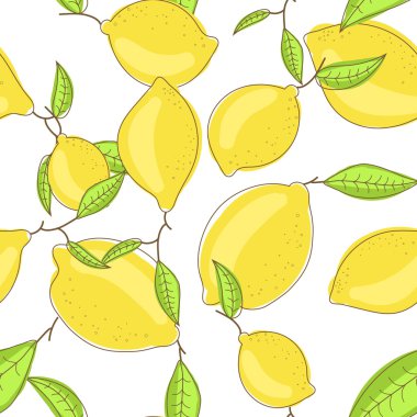 Yellow lemon fruits with leaf on branch white background. Citrus seamless vector pattern.
