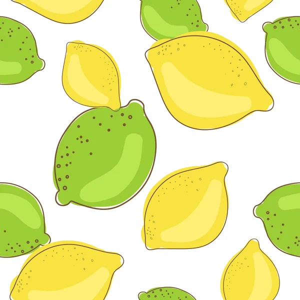 Green lime and lemon fruits on white background. Citrus seamless vector pattern. — Stockvector