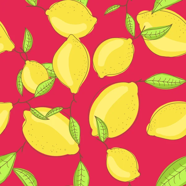 Green lemon fruits with leaf on branch red bright background. Citrus seamless vector pattern. — Stock Vector