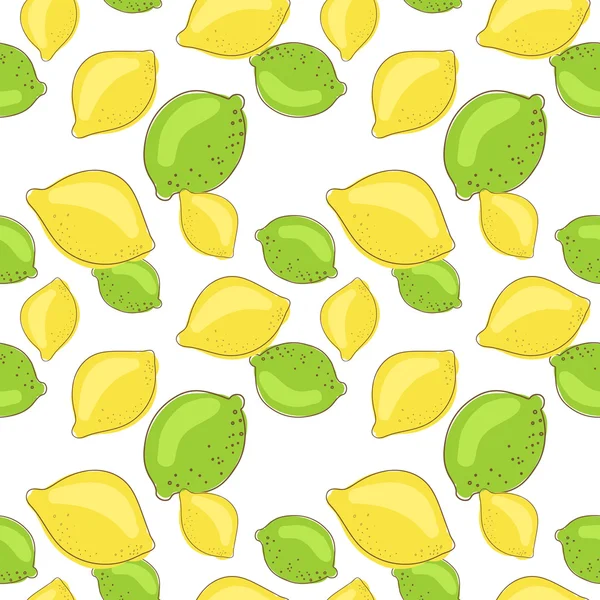 Green lemon and lime fruits on white background. Citrus seamless vector pattern. — Stock Vector