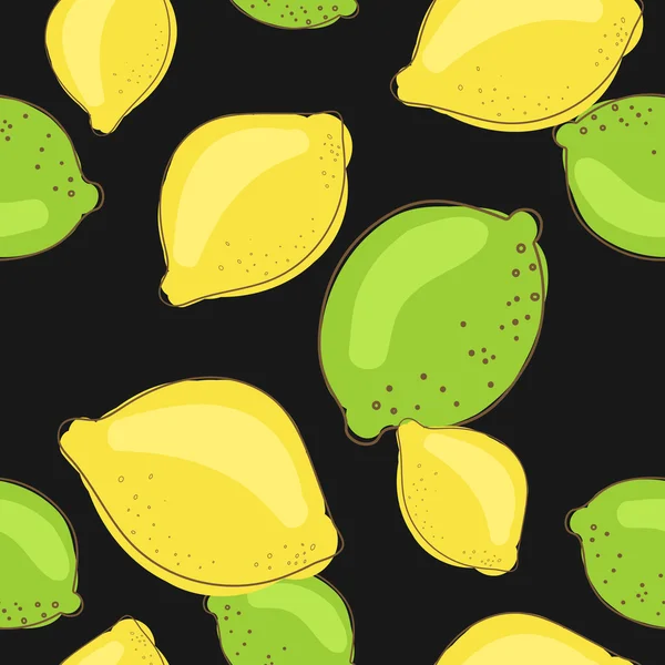 Green lime and lemon fruits on dark black background. Citrus seamless vector pattern. — Stock Vector