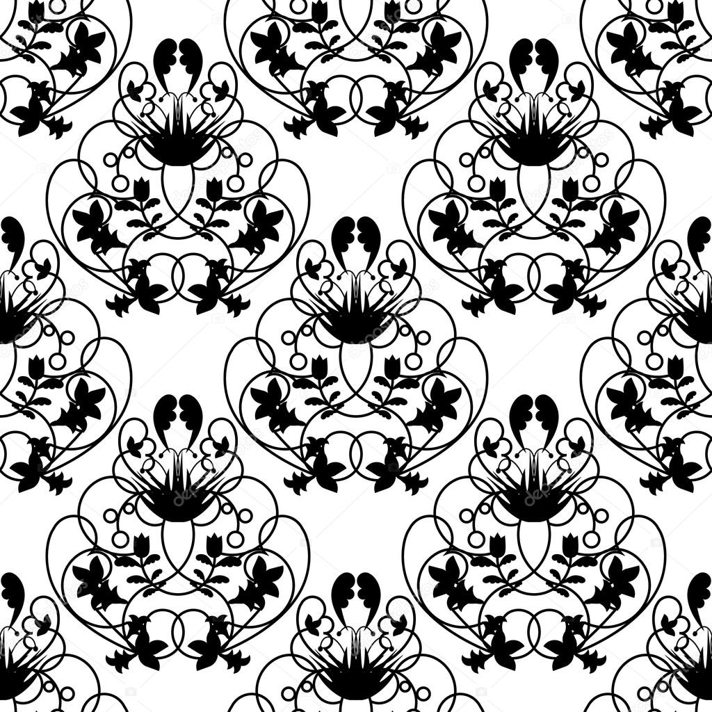 Elegant damask white seamless vector background with black delicate swirl 