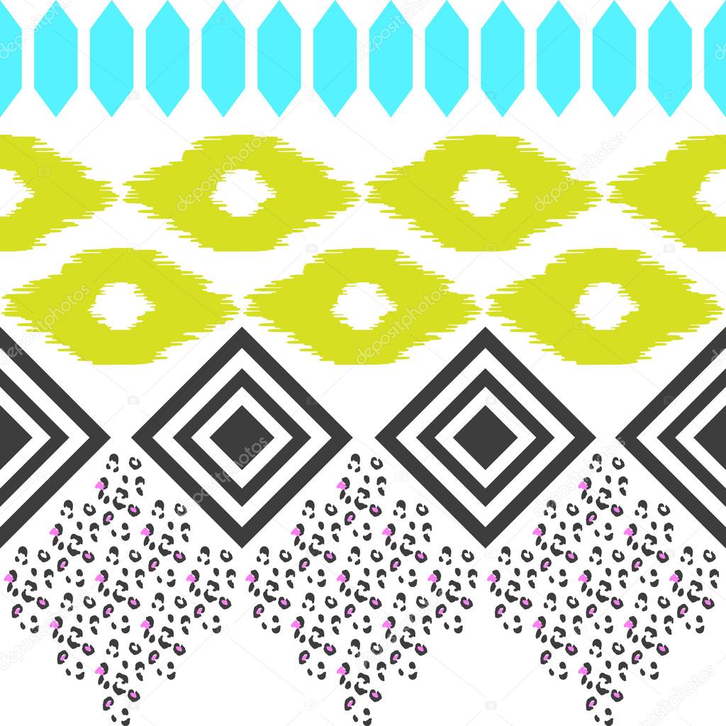 Geometric ethnic border pattern. Ikat rhombus and leopard skin ornament in eclectic style.