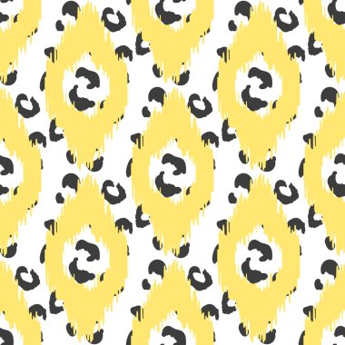 Ikat vektör seamless modeli. Kumaş, baskı veya kağıt ambalaj için soyut geometrik arka plan. Leopar deri ve sarı