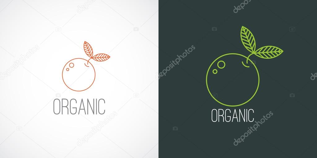 Vector logo label in linear style. Organic green natural concept, healthy food, save nature, farm clean fruits. For food or grocery companies.