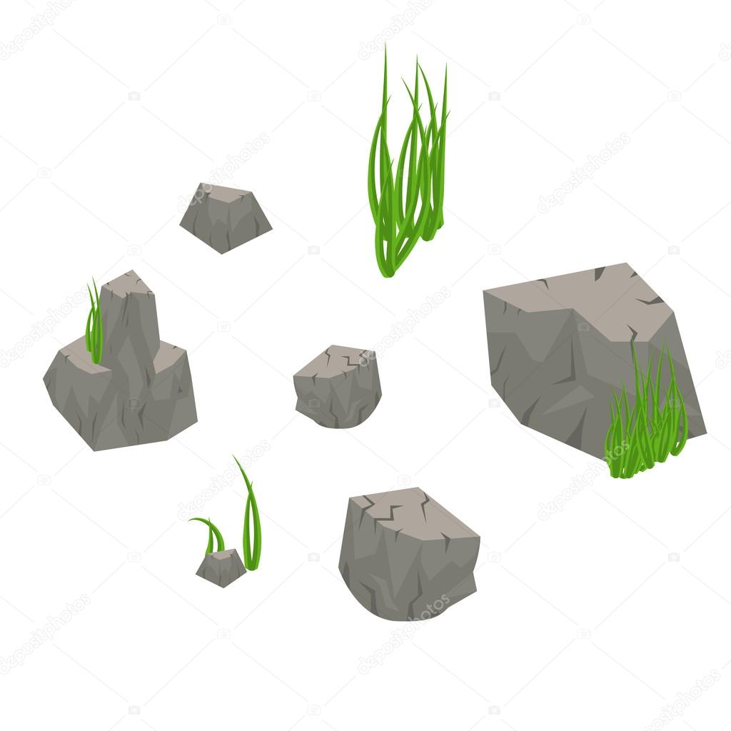Stone rocks with grass isolated on white.