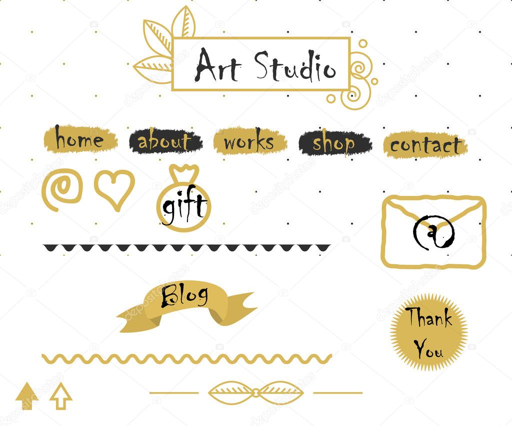 Blog template elements in gold and grey. Logo, menu buttons, mail icon, dotted seamless background and dividers for creative  bloggers