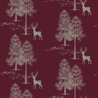 Ormandaki çam ağaçları ve geyikler kusursuz bir desen çiziyor. Orman bordo duvar kağıdı hediye paketi sonsuz baskı için arkaplan.