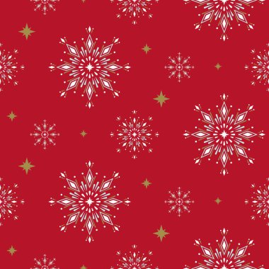 Kırmızı arka planda kar taneleri, şenlikli, zarif, pürüzsüz bir Noel deseni. Paket kağıdı, kart için vektör arkaplan, tebrikler