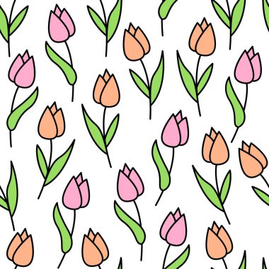 Beyaz arka planda küçük şirin pembe laleler, basit pürüzsüz desenler.