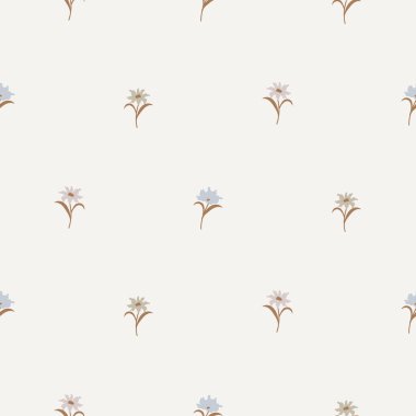 Çiçek desenli, mavi, sessiz minimalist arka plan ve çayır çiçekleri. Çiftlik evi tarafsız zemin ve botanik çiçekleri