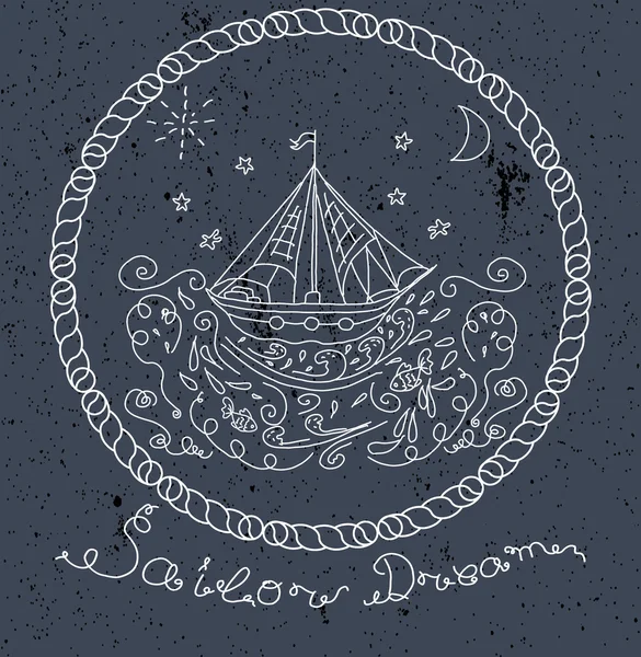 Bateau dessiné à la main en vagues de mer illustration . — Image vectorielle