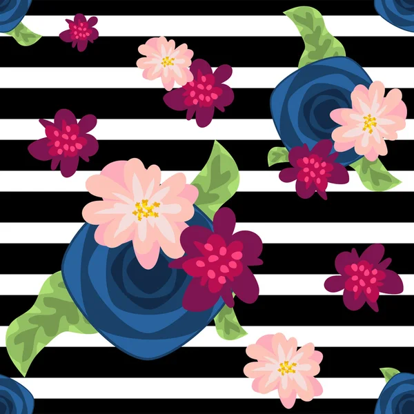 Flower pattern on striped black and white background. — Stock Vector