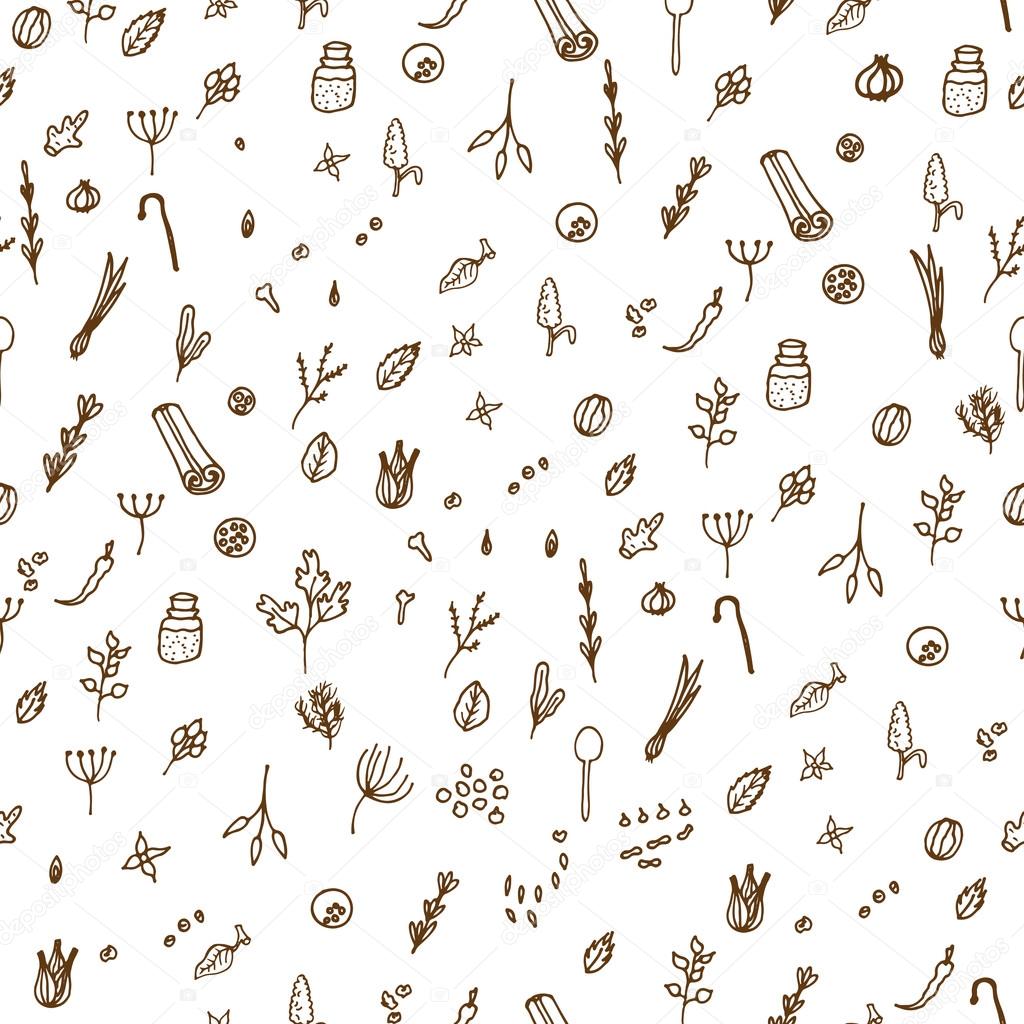 Herbs and spices doodle hand drawn pattern.