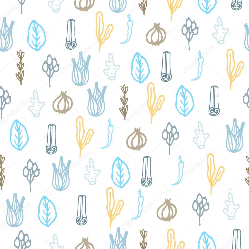 Herbs and spices doodle hand drawn pattern.