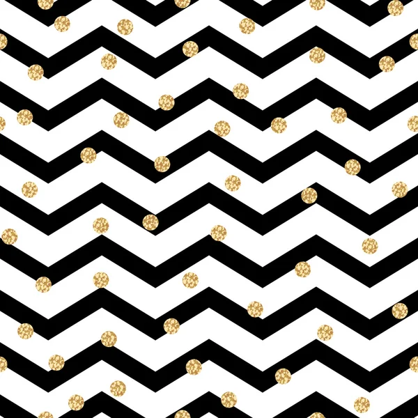 Chevron zigzag black and white seamless pattern with golden shimmer polka dots.
