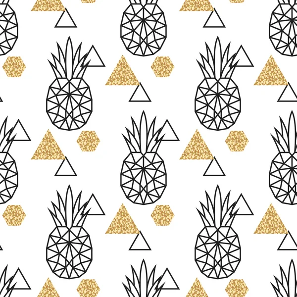 Line geometric pineapple and gold shimmer dot shapes seamless vector pattern. — Stock Vector