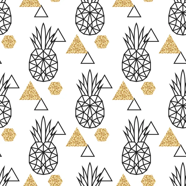 Linie geometrische Ananas und Gold schimmernde Punkteformen nahtloses Vektormuster. — Stockvektor