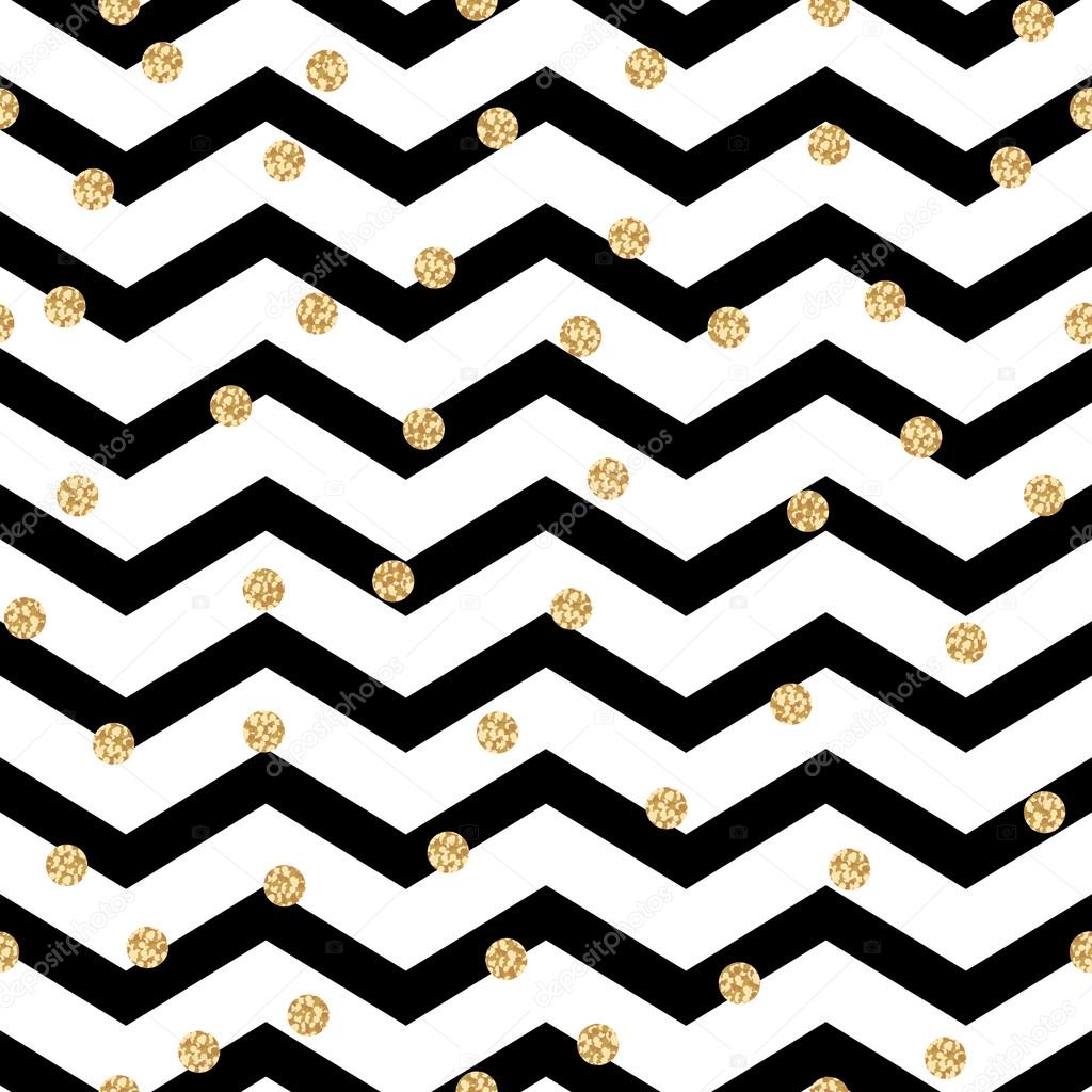 Chevron zigzag black and white seamless pattern with golden shimmer polka dots.