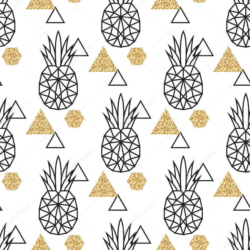 Line geometric pineapple and gold shimmer dot shapes seamless vector pattern.