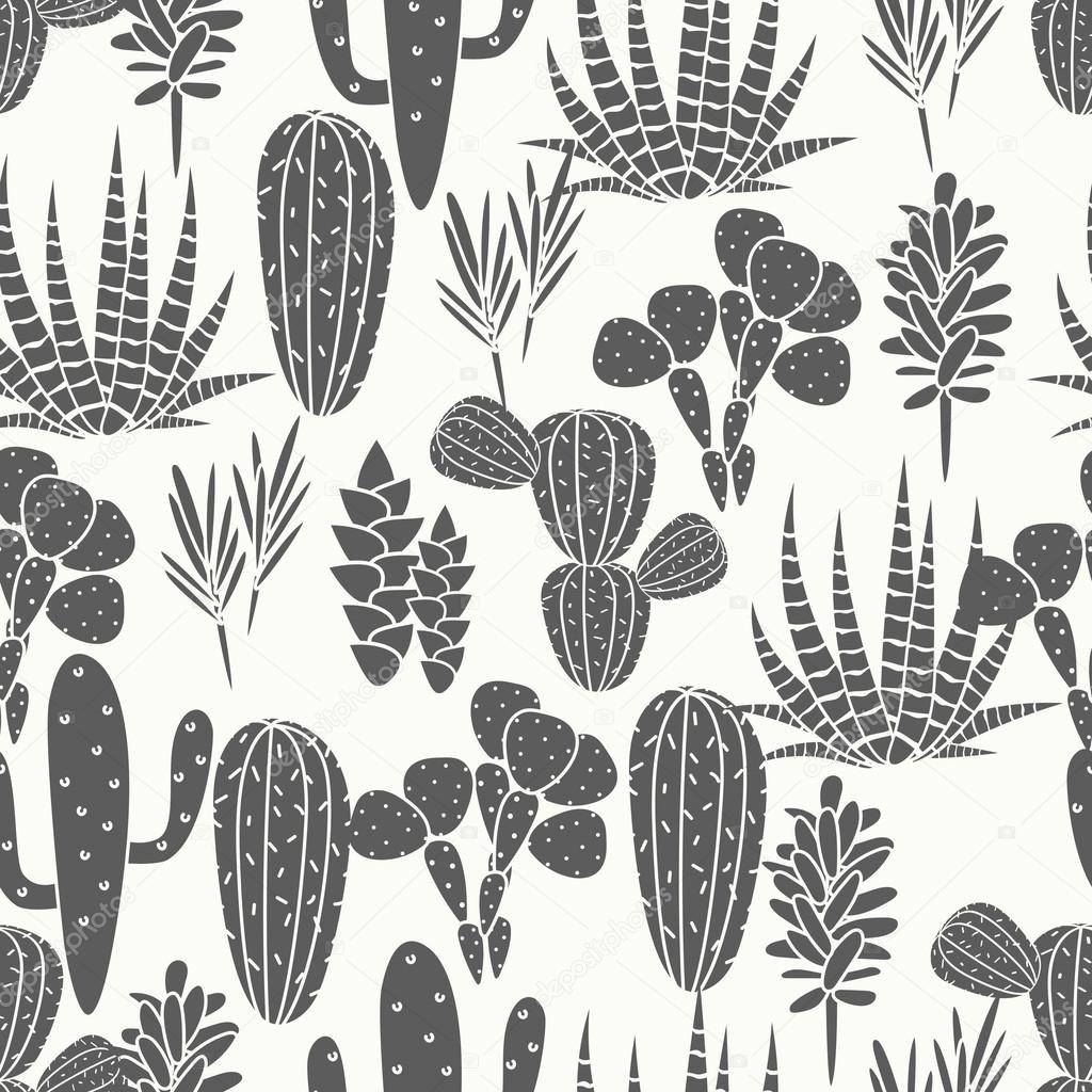 Succulents plant vector seamless pattern. Botanical black and white cactus flora fabric print.