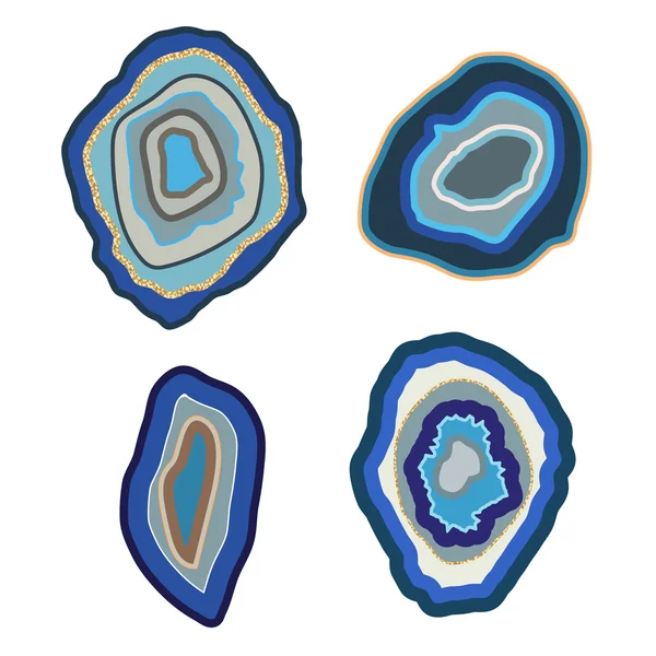 Vector blue agate crystal set on white. Geode stone or thunder egg. — Stock Vector