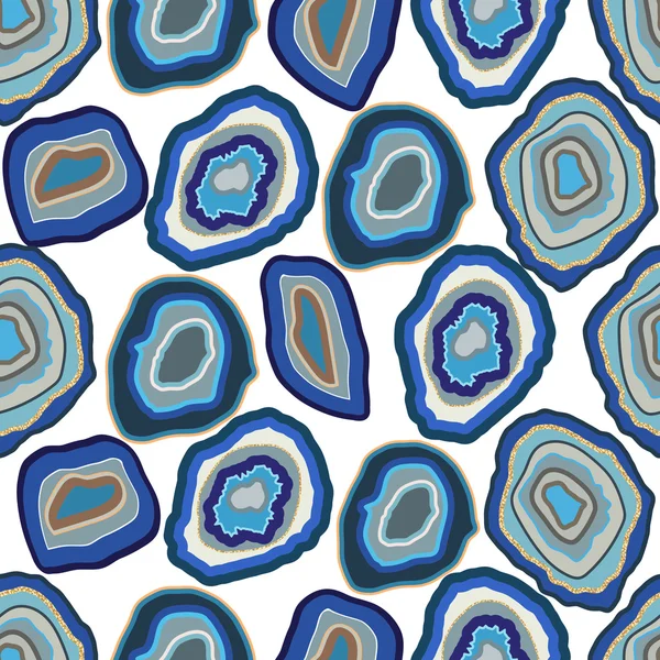 Vector blå agat crystal seamless mönster på vitt. En bit av geode sten mineraler eller thunder ägg. — Stock vektor