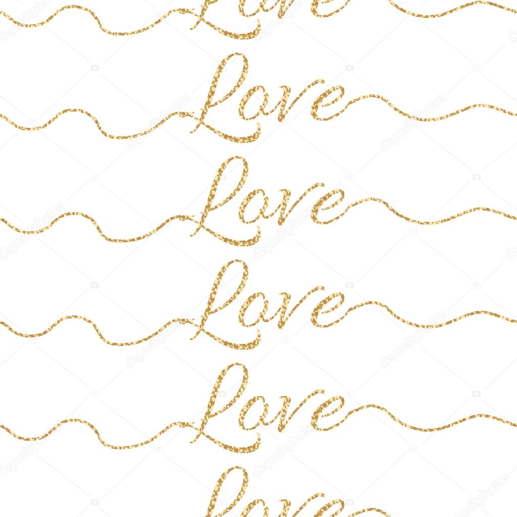 Valentines Day glitter shimmer card background. Gold love seamless pattern.