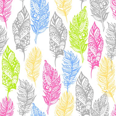 Elle çizilmiş vektör zentangle doodle neon renkler beyaz tüyler seamless modeli.