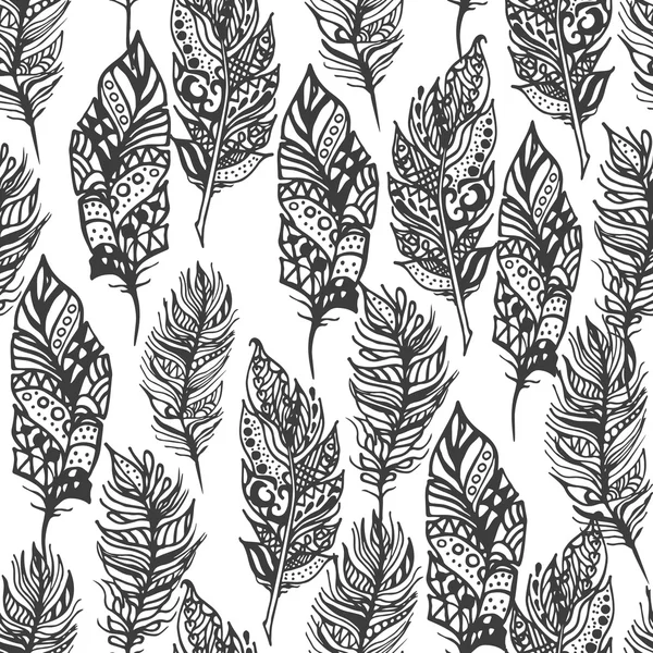 Hand drawn vector zentangle doodle black feathers seamless pattern on white. — Stock Vector