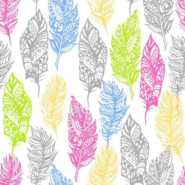 Hand drawn vector zentangle doodle neon colors feathers seamless pattern on white. — Stock Vector