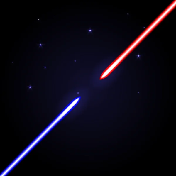 Två lysande svärd emot varandra på kosmisk Mörkblå bakgrund med stjärnor. — Stock vektor