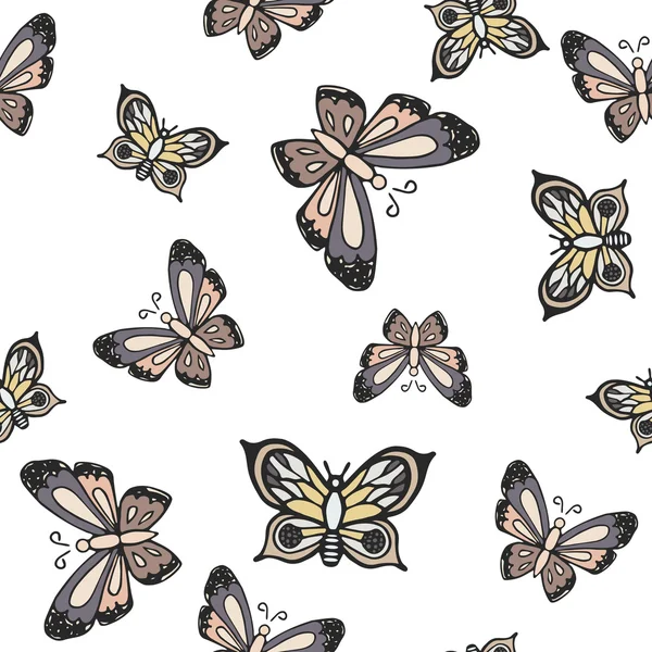 Handgezeichnete Schmetterlingtinte Doodle nahtloses Muster. — Stockvektor