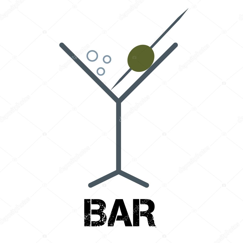 Martini cocktail bar logo. Linear style glass with olive on toothpick. Alcohol drink sign label