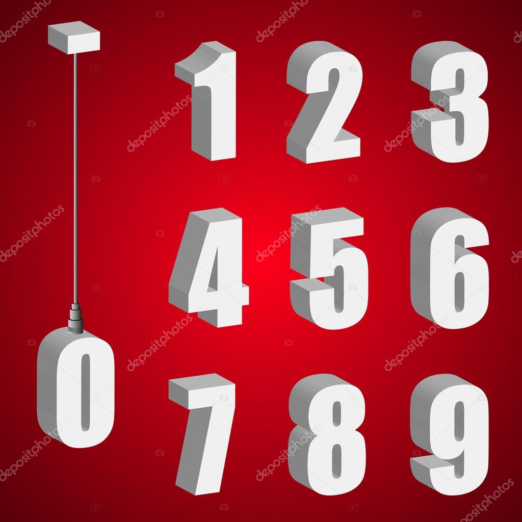 Hanging light bulb digits. 3d isometric numbers. Pendant white bold numeral.