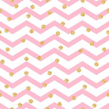 Chevron zikzak pembe ve beyaz altın ışıltı polka noktaları ile seamless modeli.