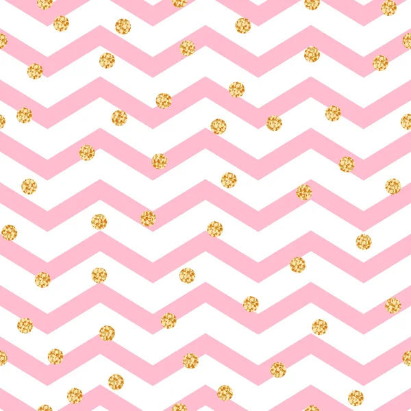 Chevron zigzag rose et blanc motif sans couture avec des pois dorés miroitants . — Image vectorielle